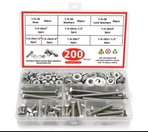 200pcs Stainless Steel Screws Nuts Washers Assortment Kit 1/4-20 Hex Bolts Set