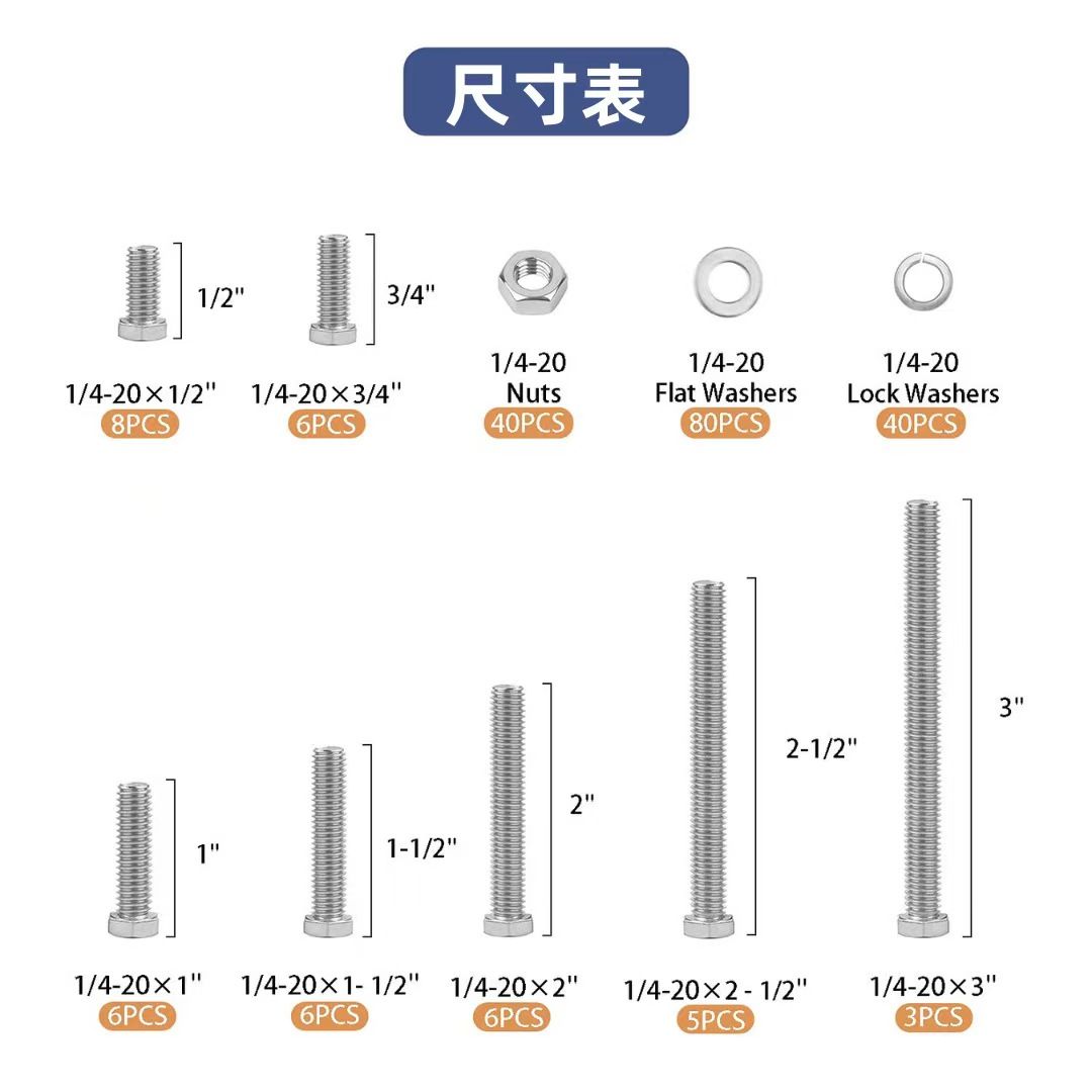 200PCS Stainless Steel Screws, Nuts & Washers Assortment Kit | 1/4-20 Hex Bolts with Flat & Lock Washers Set | Durable Corrosion-Resistant Hardware Kit