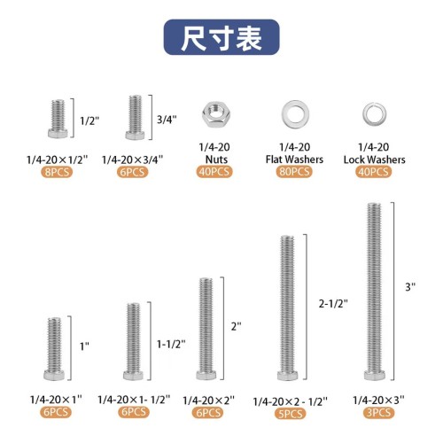 200pcs Stainless Steel Screws Nuts Washers Assortment Kit 1/4-20 Hex Bolts Set